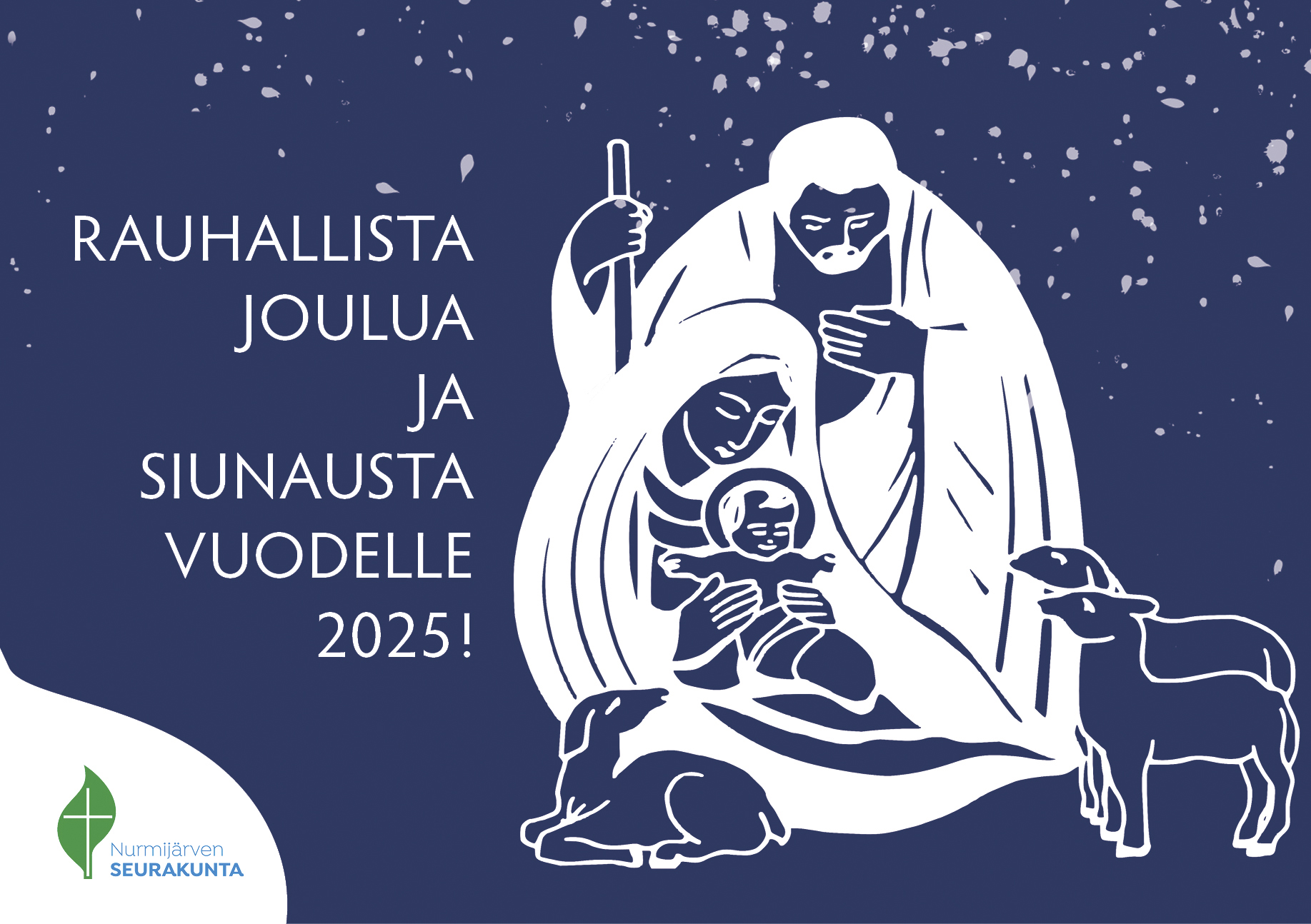 Joulutervehdys kuvaa pyhää perhettä. Kuvassa lukee 