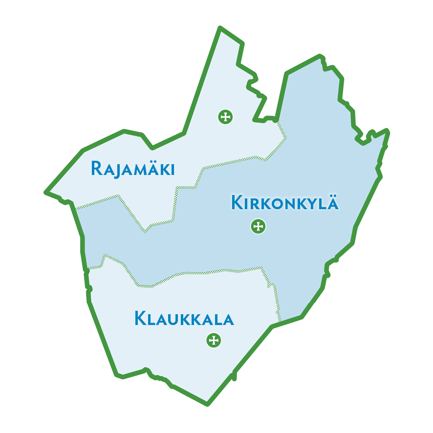 Nurmijärven kartta. Kirkkopiirit ovat pohjoisesta etelään: Rajamäki, kirkonkylä ja Klaukkala.