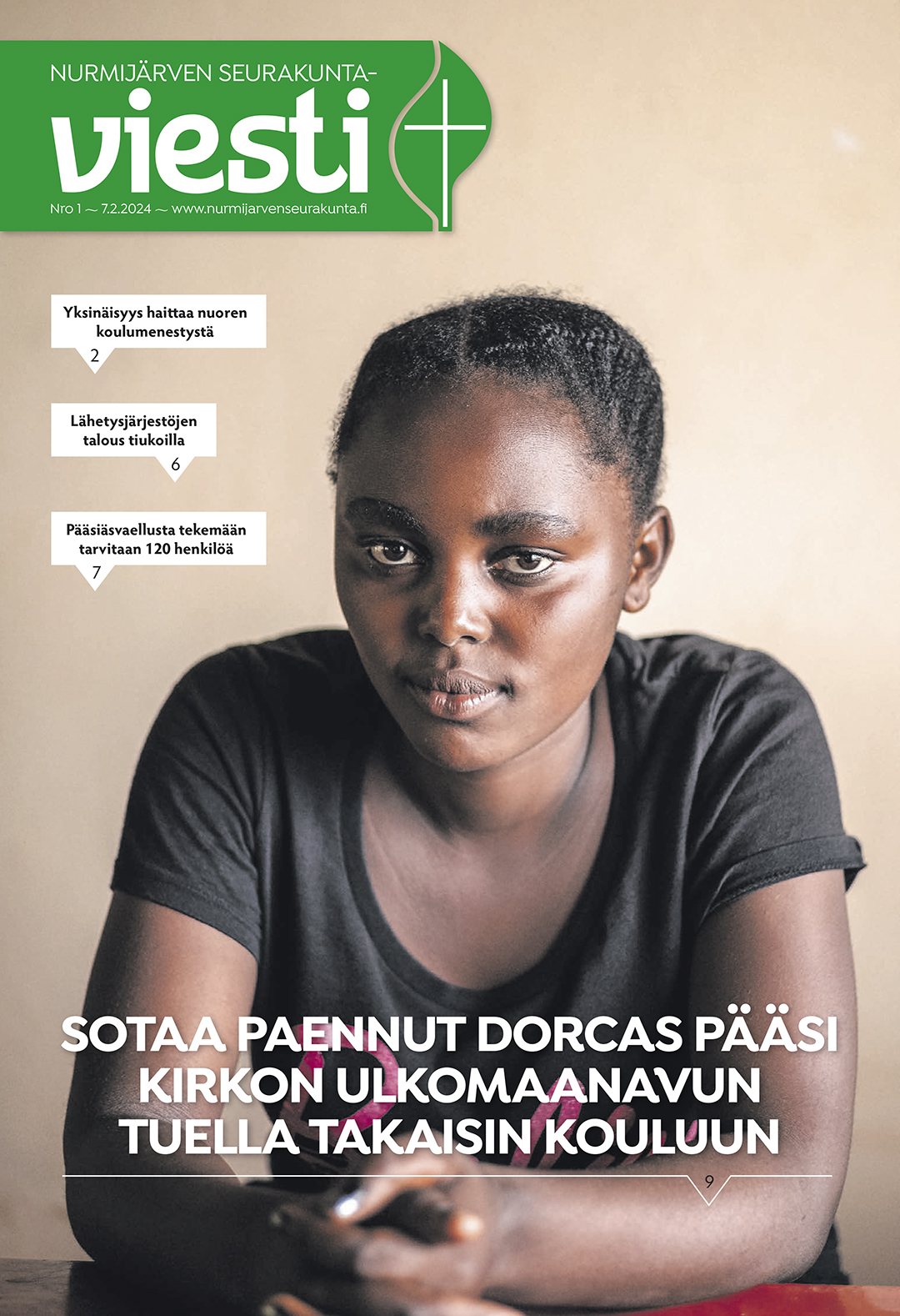 Seurakuntaviestin numero 1/2024 kansi, jossa kongolainen nuori nainen Dorcas on koulussa.