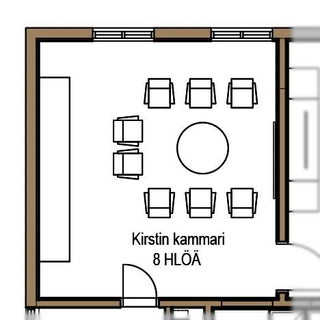 Kirstin kammarin pohjapiirustus, jossa näkyy ovet Toinin kammariin ja käytävään. Huoneen pöytä on pyöreä.