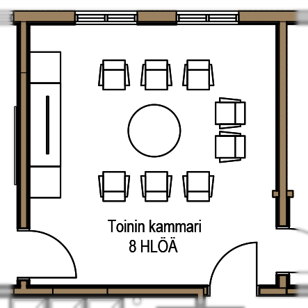 Toinin kammarin pohjapiirustus, jossa näkyy ovet Kirstin kammariin, Helmin saliin ja käytävään.