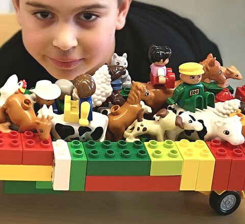 Lapsi katsoo legoista tekemäänsä Nooan arkkia.