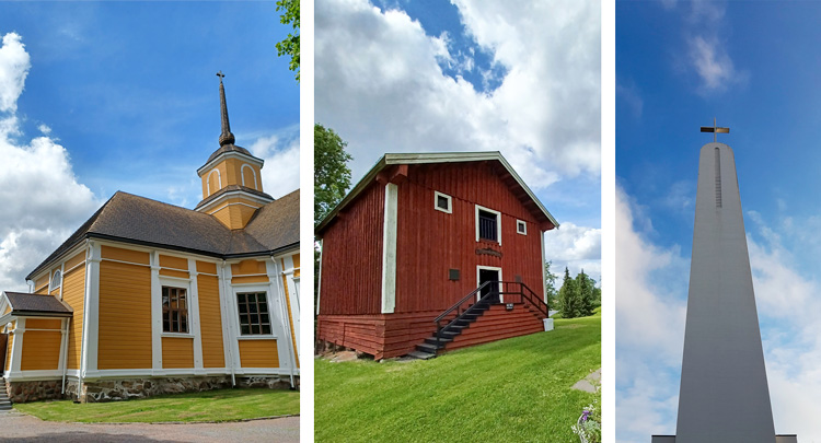 Kolme kuvaa: Nurmijärven kirkko, Museokahvila ja Rajamäen kirkon torni.