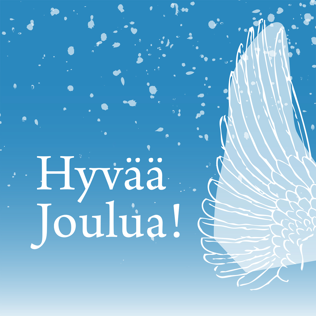 Enkelin siipi ja putoilevia lumihiutaleita sinisellä pohjalla sekä teksti :