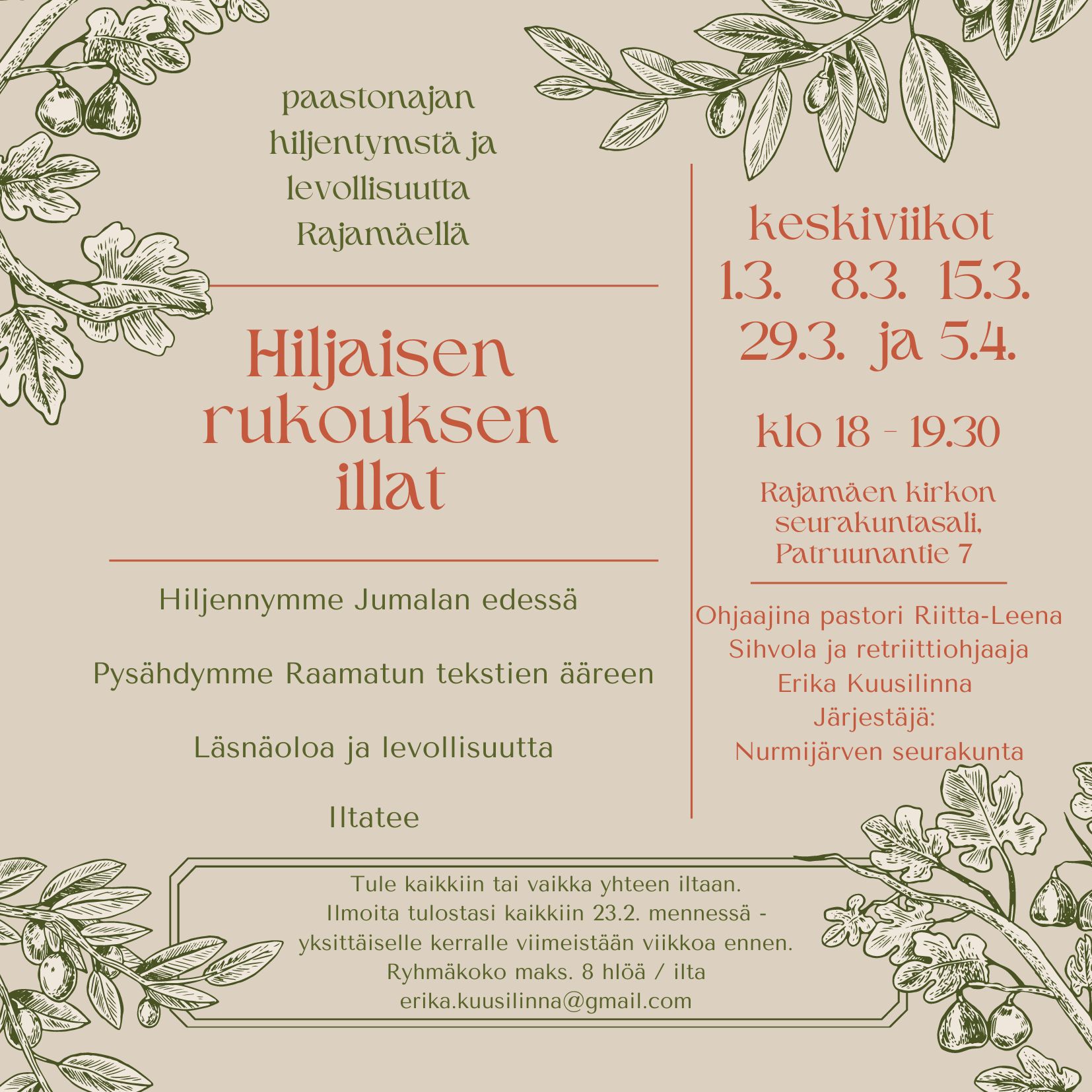 Hilaisen rukouksen iltojen mainos, jossa koristeellisella tekstillä tämän sivun tiedot.