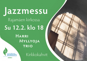 Jazzmessun mainos kuva, jossa kirkon Kristus-ikkunan valo lankeaa vastakkaiselle seinälle.