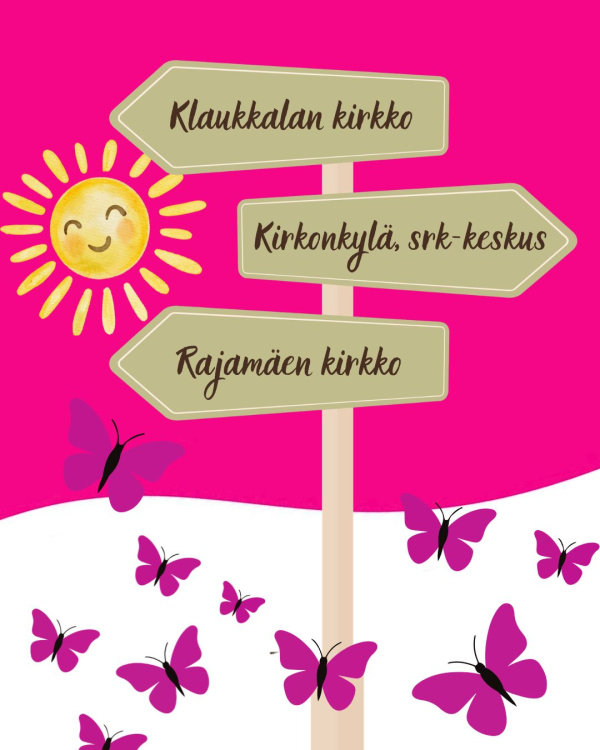 Tienviitta, jossa lukee Klaukkalan kirkko, Kirkonkylän seurakuntakeskus ja Rajamäen kirkko