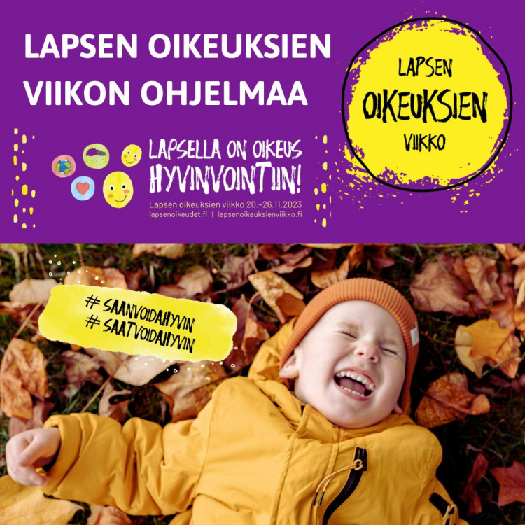 Lapsen oikeuksien viikon tapahtuma-mainos, kuvassa lapsi nauraa iloisesti