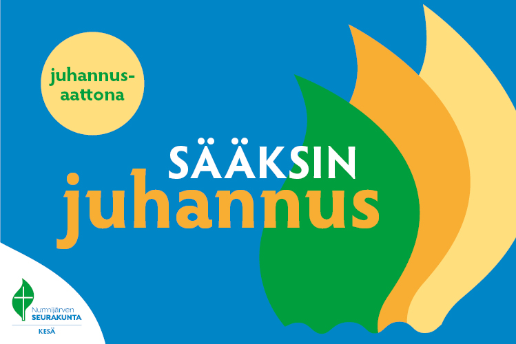 Sinisellä taustalla liekkikuvio ja teksti: Juhannusaattona Sääksin juhannus.