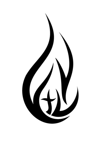 nurmijärven seurakunnan nuorten oma logo, mustavalkoinen liekki ja risti
