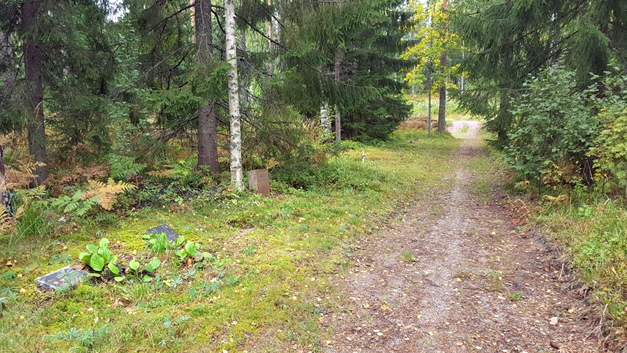 Hautausmaan alueella kasvaa sekametsää. Puiden juurella näkyy muutamia hautakiviä.