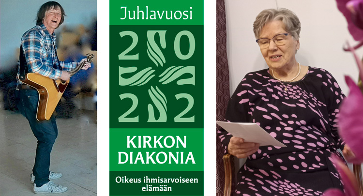 Vihreä juhlavuoden tunnus 2022 Kirkon diakonia - Oikeus ihmisarvoiseen elämään sekä kaksi valokuvaa: vasemm...