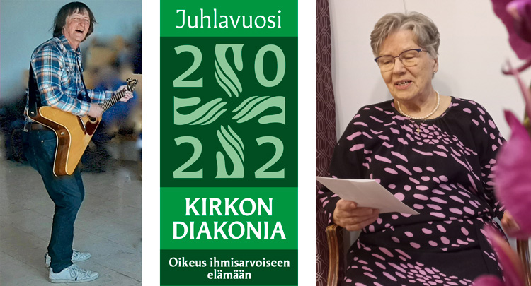 Vihreä juhlavuoden tunnus 2022 Kirkon diakonia - Oikeus ihmisarvoiseen elämään sekä kaksi valokuvaa: vasemm...